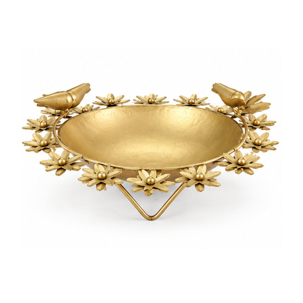 Handcrafted Gold Metal Urli Bowl with Floral Rim and Perched Bird Accents (Antique Matte Finish) W-130-A