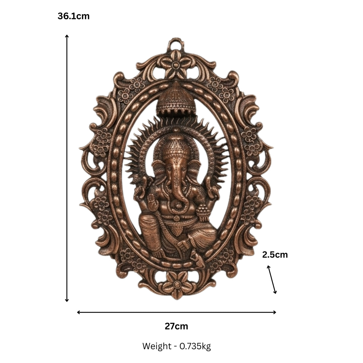 Handcrafted Lord Ganesha in Oval Carved Floral Frame Metal Wall Hanging Plaque (Antique Gunmetal Copper Finish) G-272-A