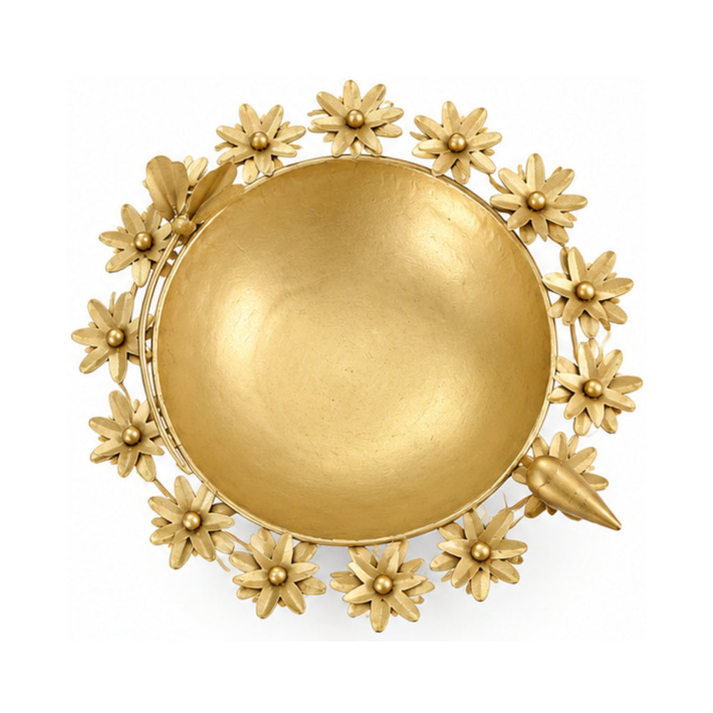 Handcrafted Gold Metal Urli Bowl with Floral Rim and Perched Bird Accents (Antique Matte Finish) W-130-A