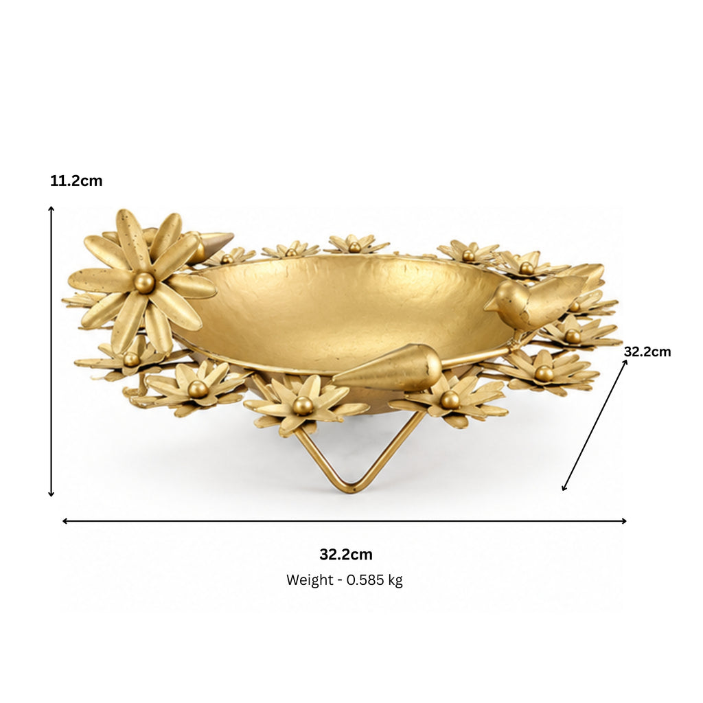 Handcrafted Gold Metal Urli Bowl with Floral Rim and Perched Bird Accents (Antique Matte Finish) W-130-A