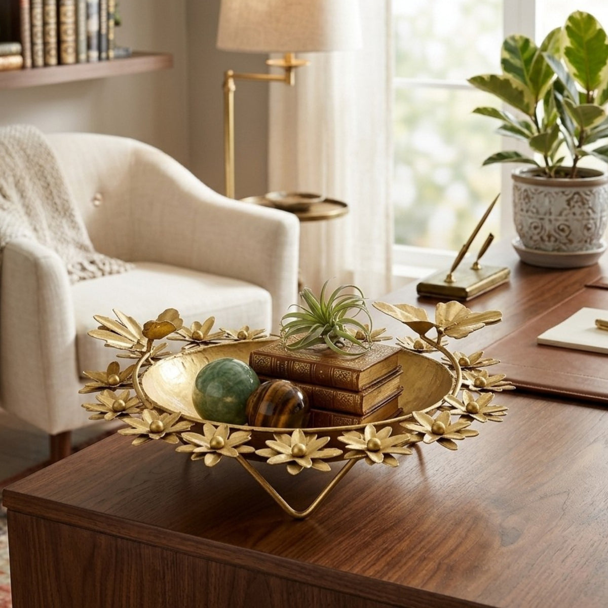 Handcrafted Gold Metal Urli Bowl with Floral Rim and Perched Bird Accents (Antique Matte Finish) W-130-A