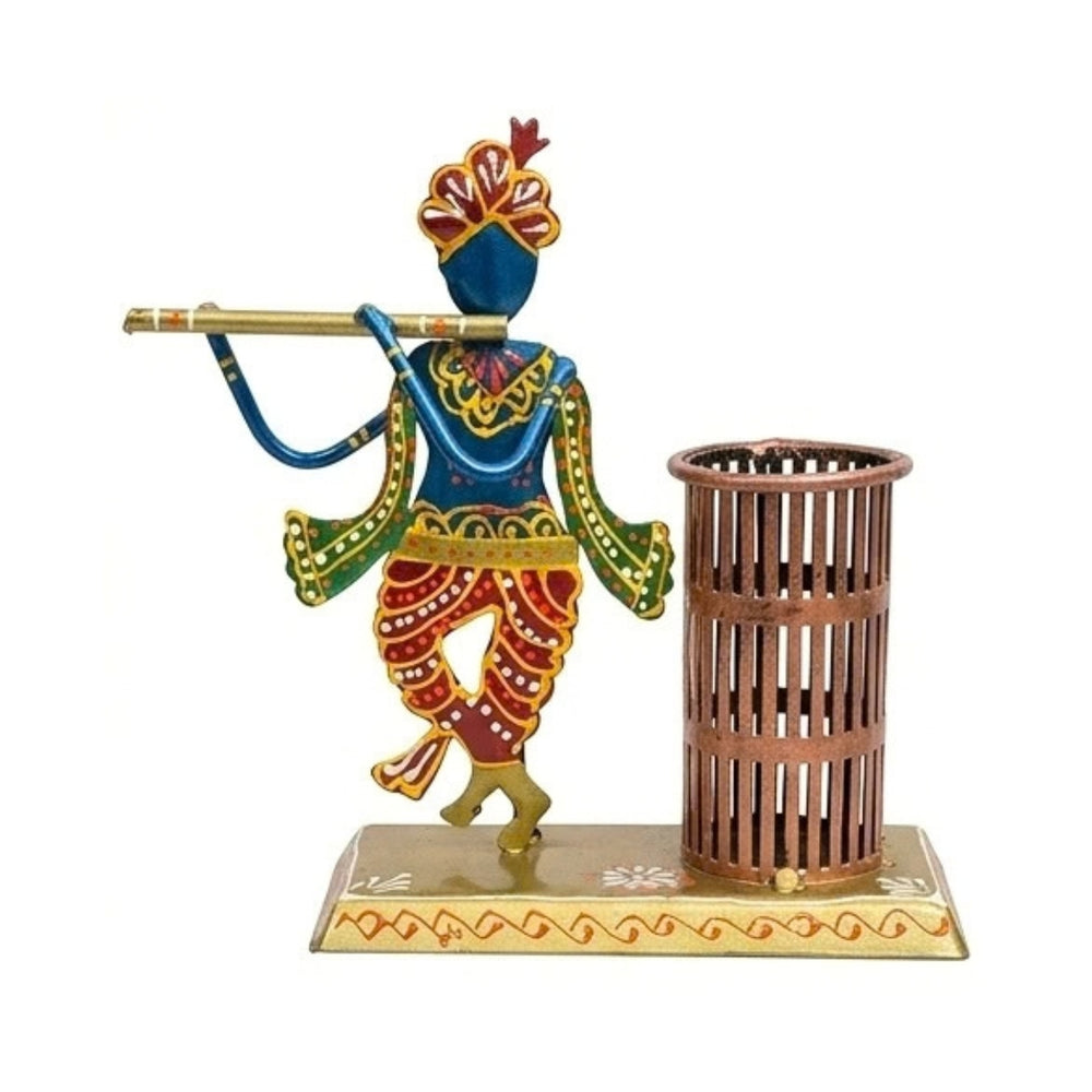 Handcrafted Lord Krishna Metal Pen Stand & Spiritual Desk Organizer I-208-A