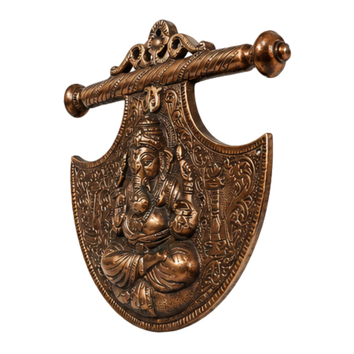 Handcrafted Lord Ganesha Shield Shield-Shaped Fan Metal Wall Hanging Plaque (Antique Gunmetal Copper Finish) G-19-A