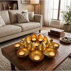 Handcrafted Multi-Tier Metal Lotus Tealight Candle Holder and Diya Stand (Antique Gold Finish) W-113-A