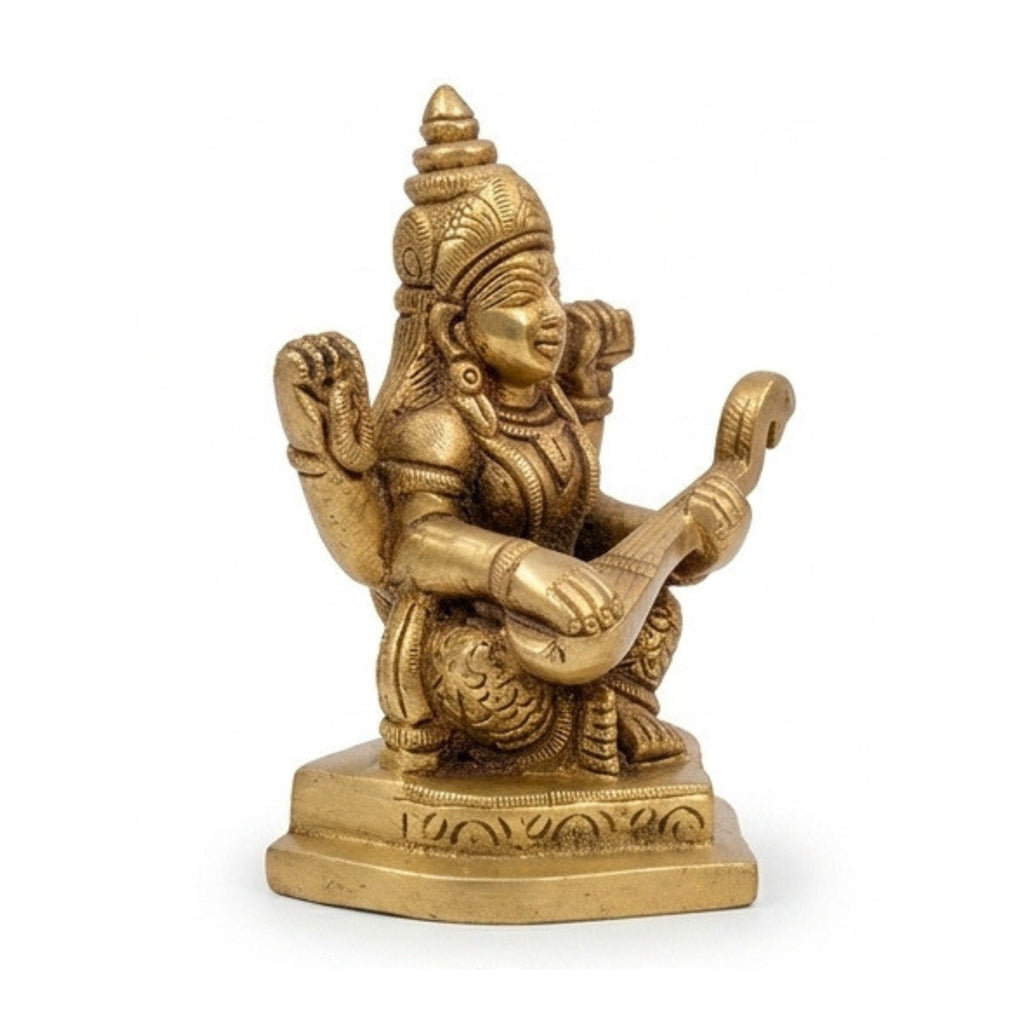 Handcrafted Brass Goddess Saraswati Idol – Traditional Seated Saraswati Maa Statue with Veena for Education, Art & Pooja Decor BR-381-A