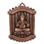 Handcrafted Lord Ganesha in Rectangular Jharokha Window Frame Metal Wall Hanging Plaque (Antique Gunmetal Copper Finish) G-277-A