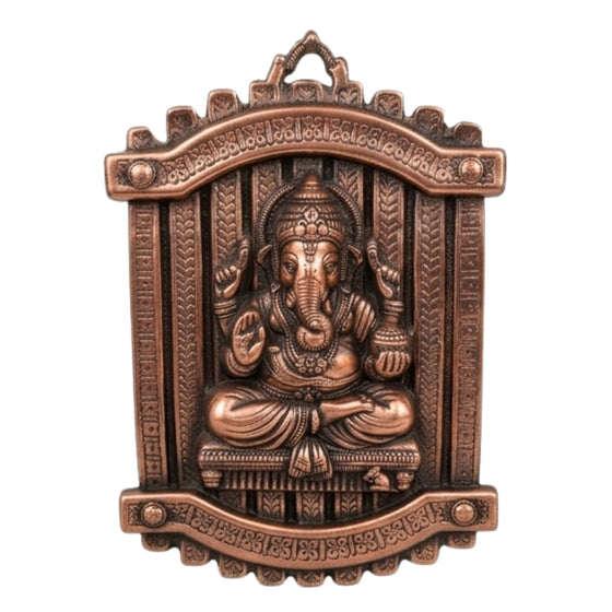 Handcrafted Lord Ganesha in Rectangular Jharokha Window Frame Metal Wall Hanging Plaque (Antique Gunmetal Copper Finish) G-277-A