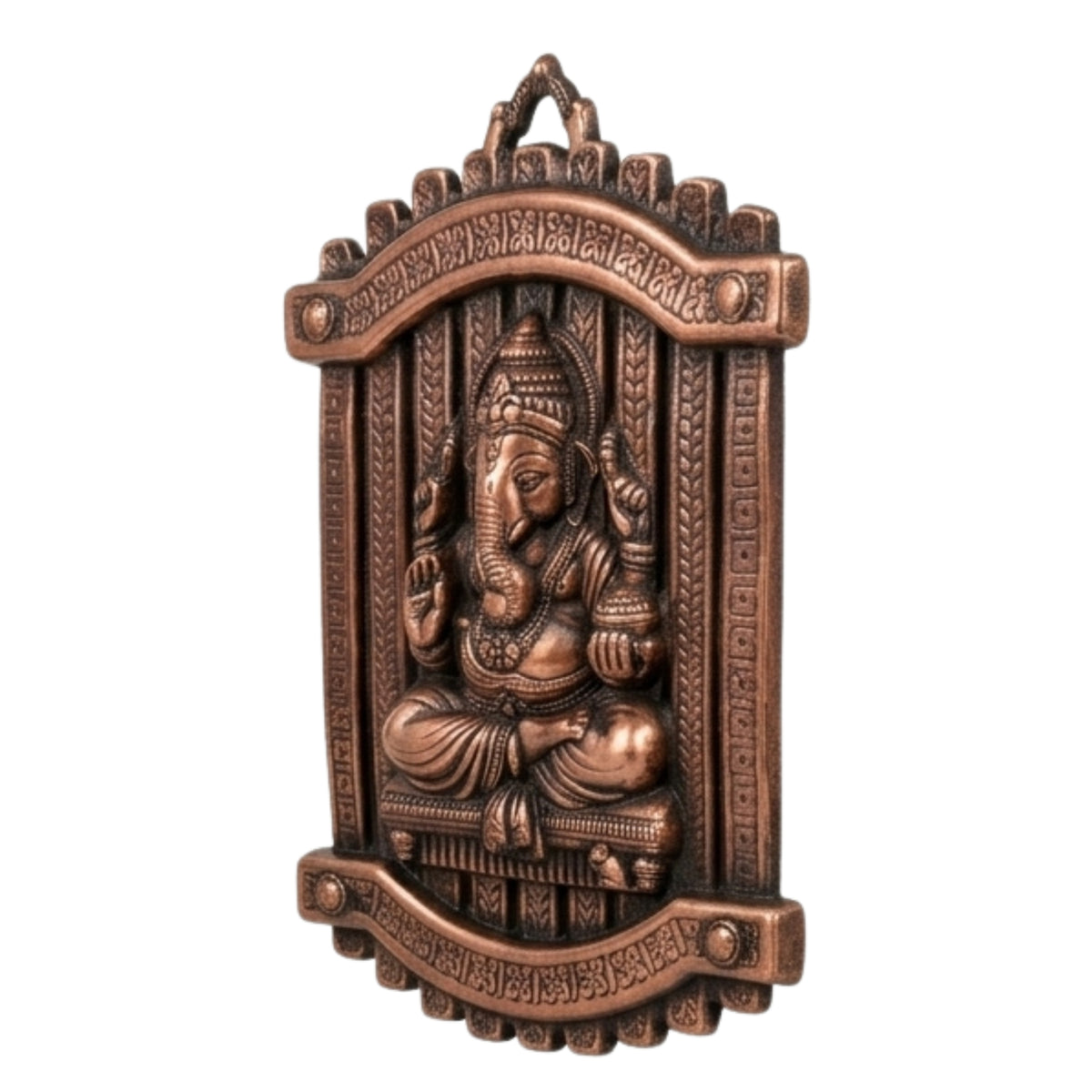 Handcrafted Lord Ganesha in Rectangular Jharokha Window Frame Metal Wall Hanging Plaque (Antique Gunmetal Copper Finish) G-277-A
