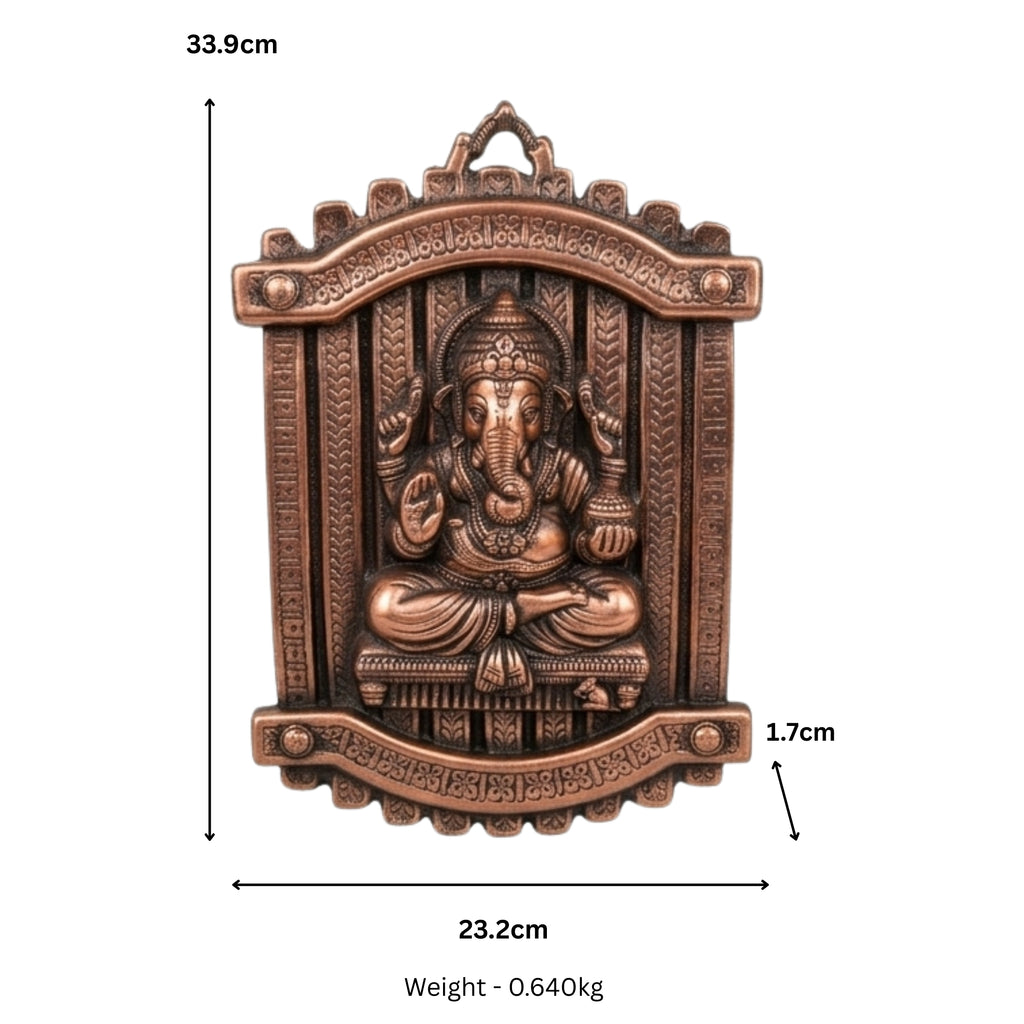 Handcrafted Lord Ganesha in Rectangular Jharokha Window Frame Metal Wall Hanging Plaque (Antique Gunmetal Copper Finish) G-277-A
