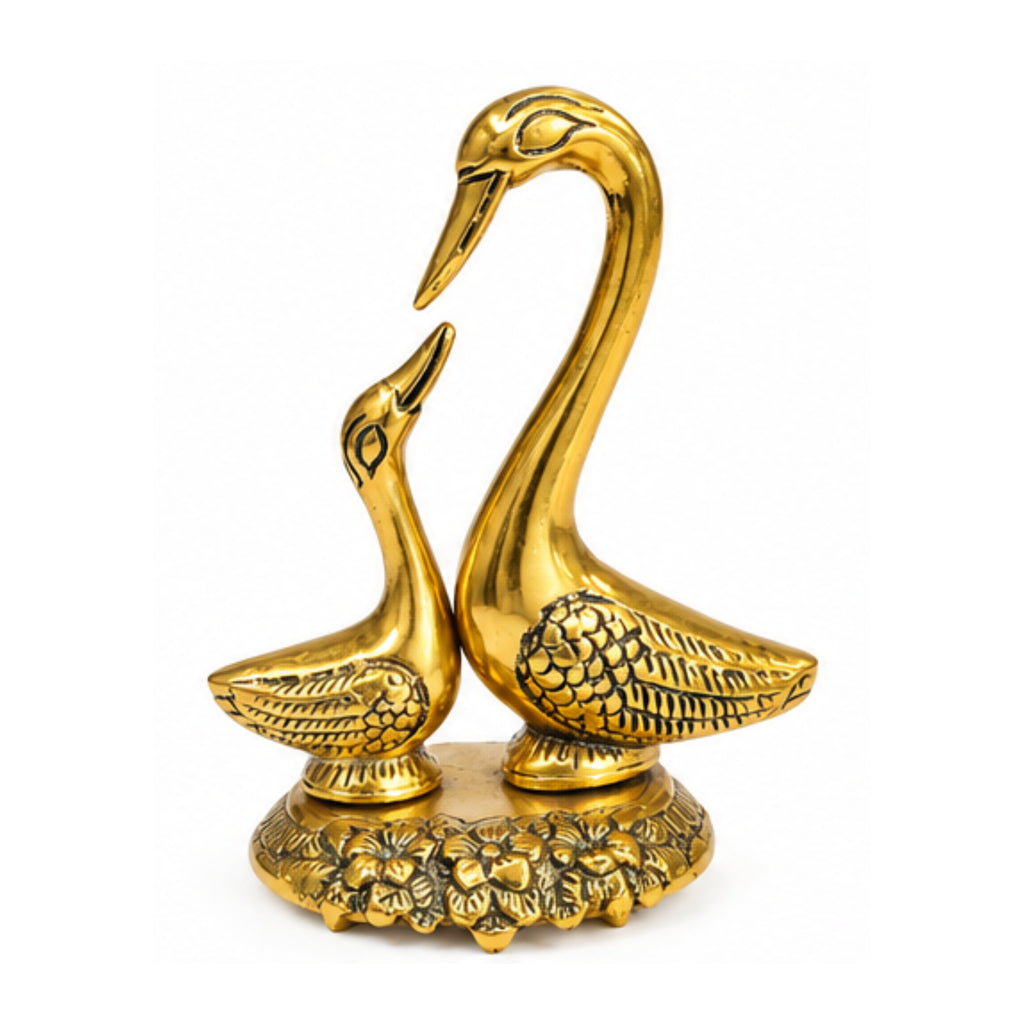 Handcrafted Metal Kissing Swan Love Birds Pair Statue with Ornate Floral Base (Golden Finish) W-269-A