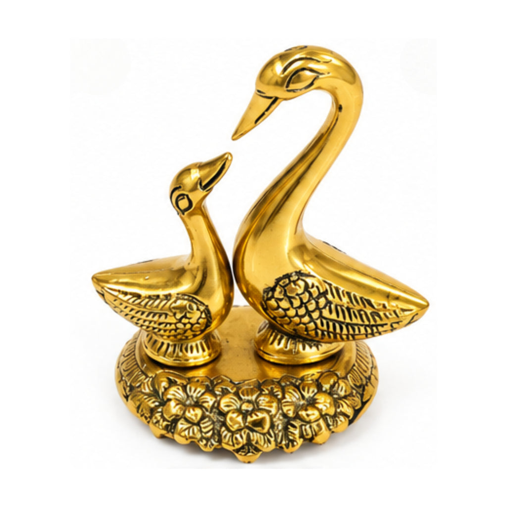 Handcrafted Metal Kissing Swan Love Birds Pair Statue with Ornate Floral Base (Golden Finish) W-269-A