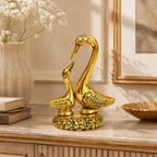 Handcrafted Metal Kissing Swan Love Birds Pair Statue with Ornate Floral Base (Golden Finish) W-269-A