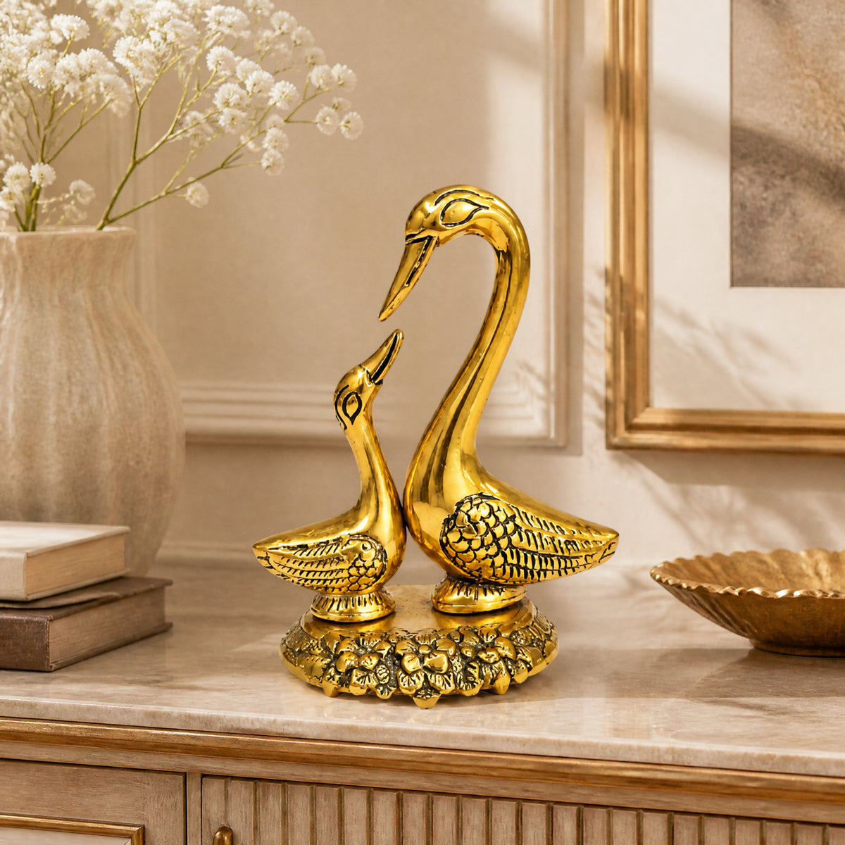 Handcrafted Metal Kissing Swan Love Birds Pair Statue with Ornate Floral Base (Golden Finish) W-269-A
