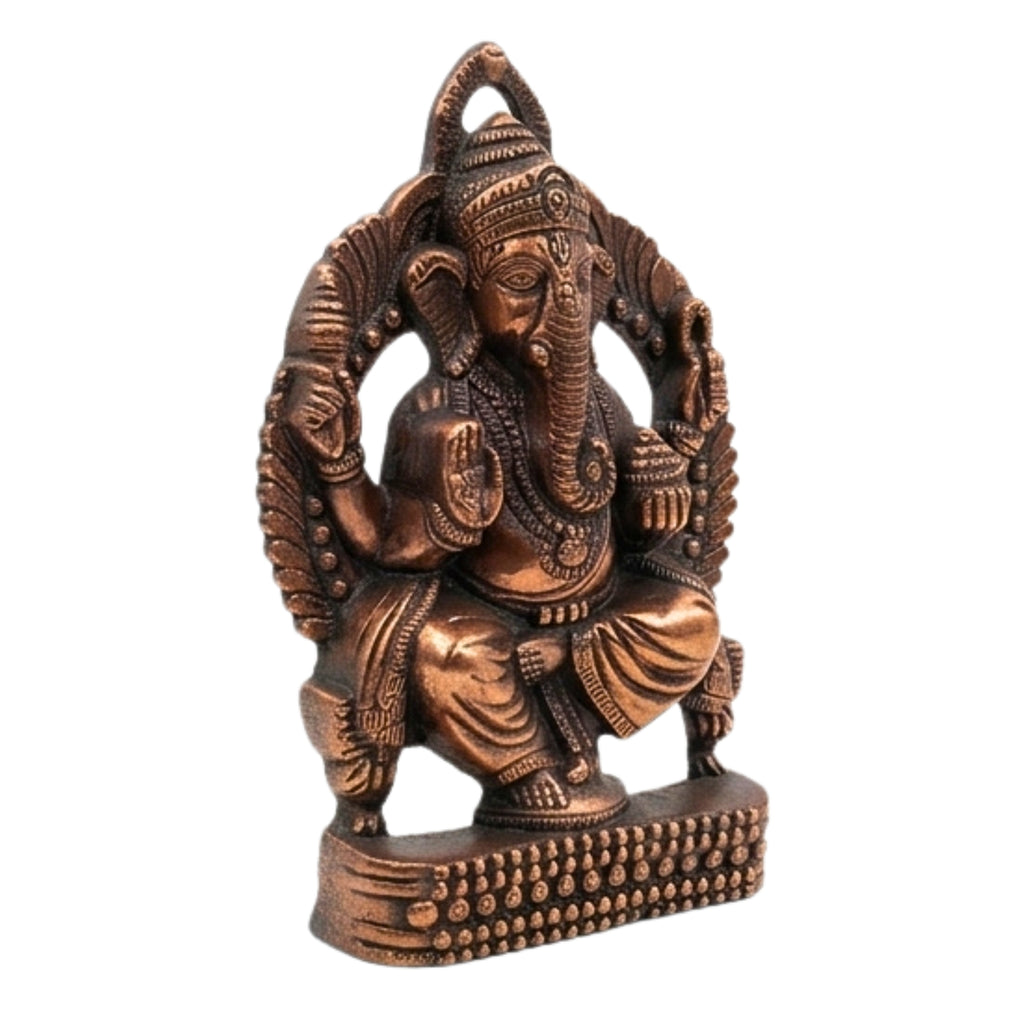 Handcrafted Seated Lord Ganesha on Throne Metal Wall Hanging Statue (Antique Gunmetal Copper Finish) G-270-A-WS