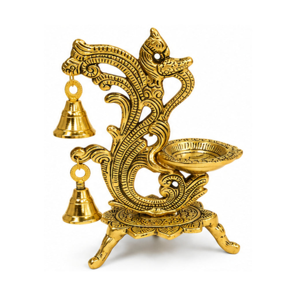 Handcrafted Brass Peacock Hanging Diya with Traditional Bells and Ornate Pedestal Stand (Polished Gold Finish) W-268-A