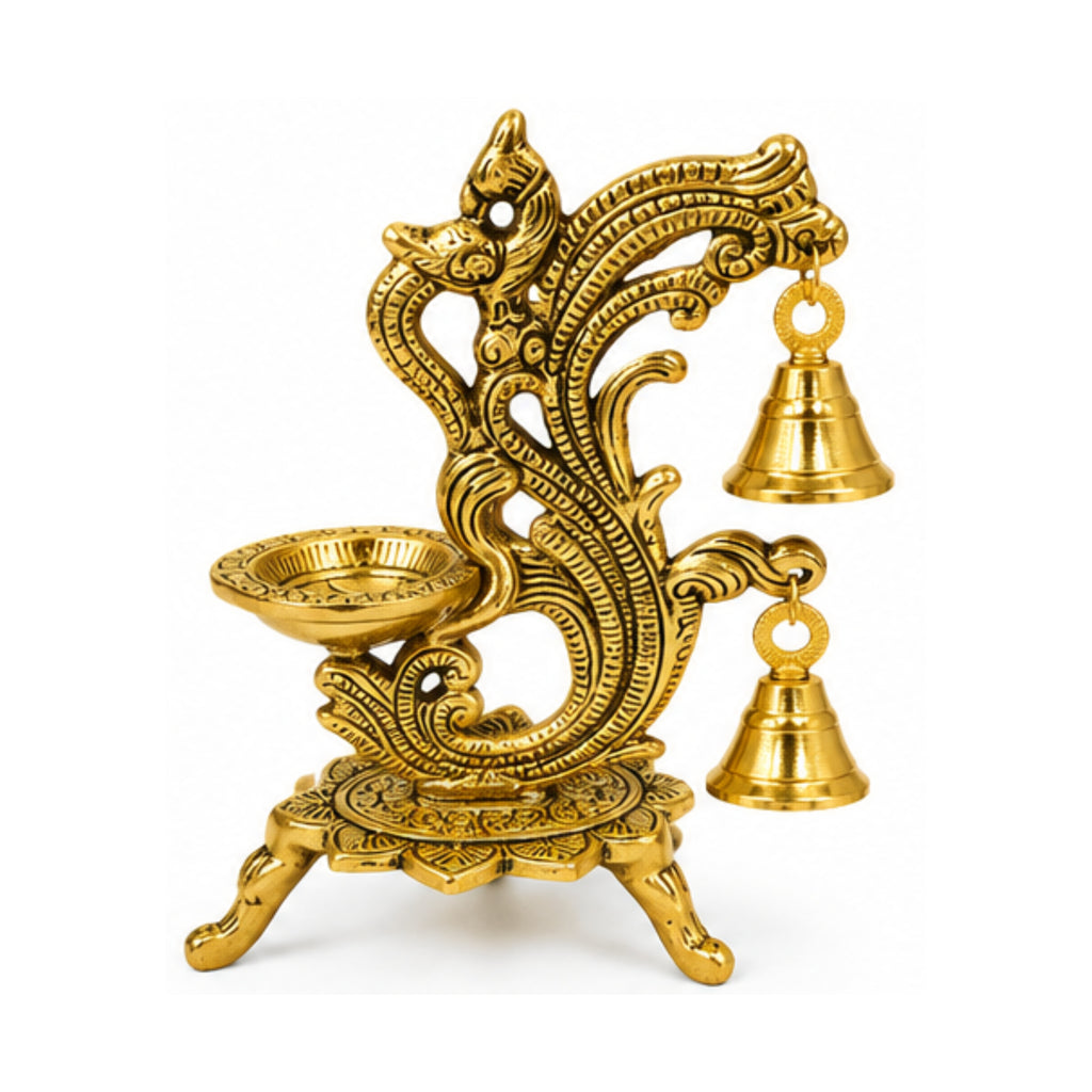 Handcrafted Brass Peacock Hanging Diya with Traditional Bells and Ornate Pedestal Stand (Polished Gold Finish) W-268-A