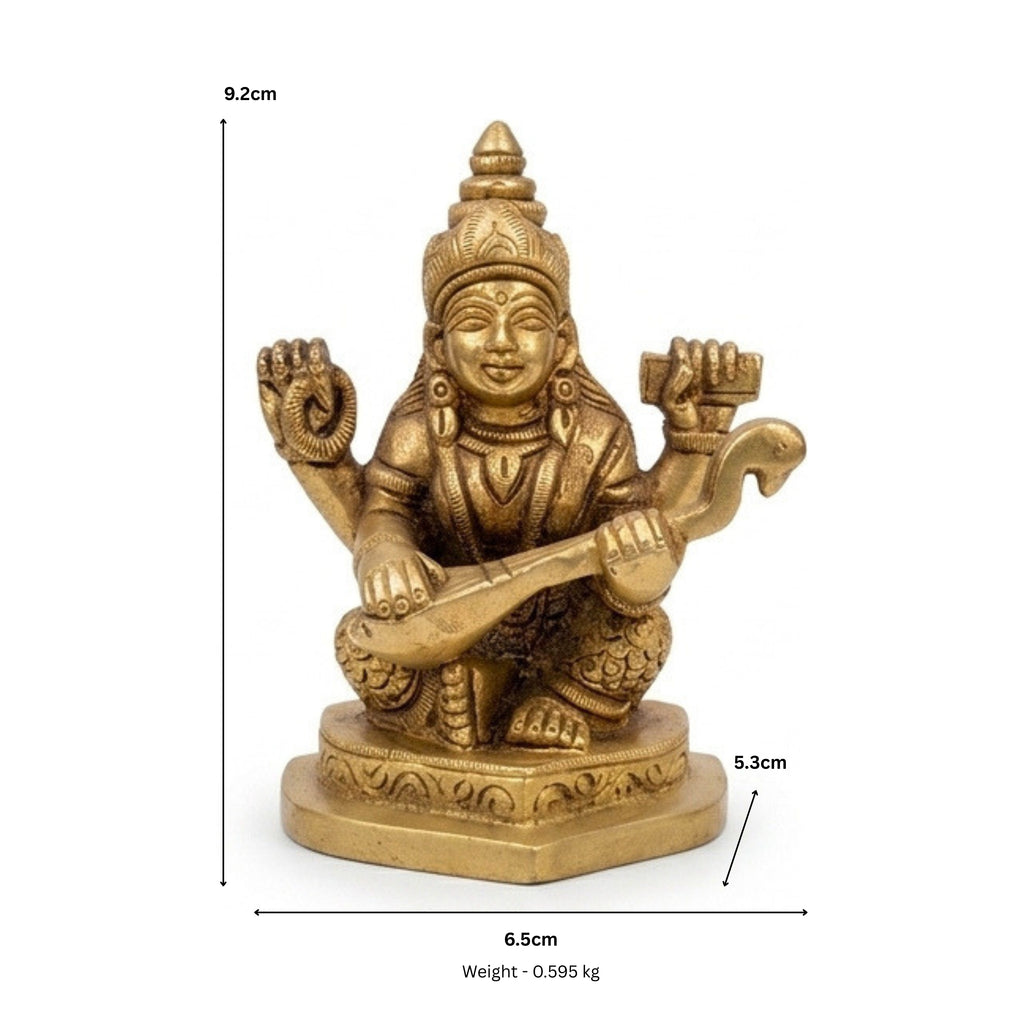Handcrafted Brass Goddess Saraswati Idol – Traditional Seated Saraswati Maa Statue with Veena for Education, Art & Pooja Decor BR-381-A