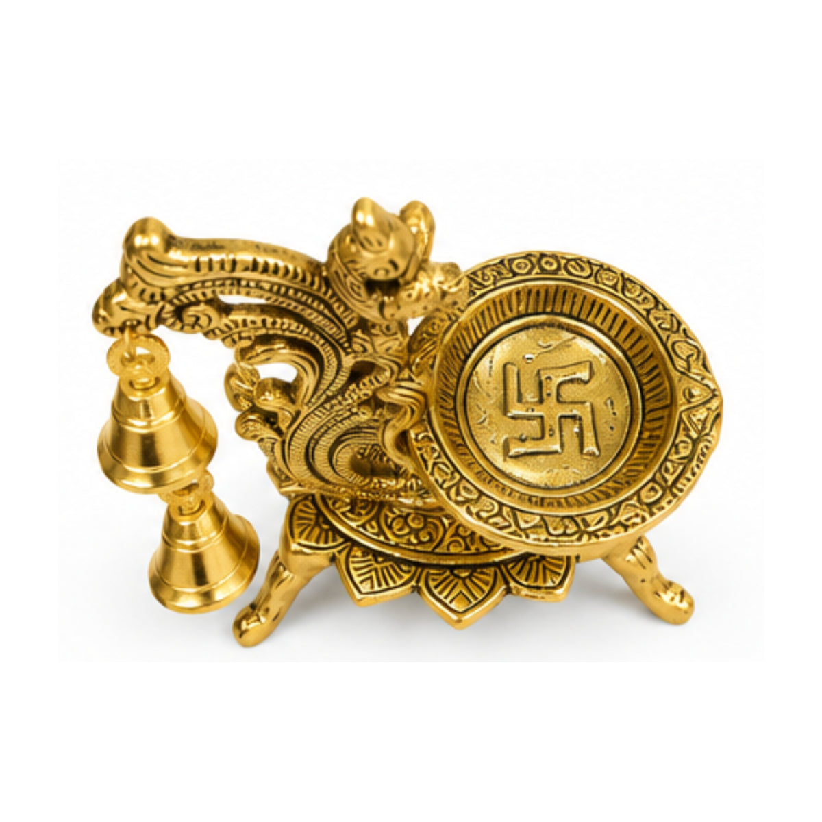 Handcrafted Brass Peacock Hanging Diya with Traditional Bells and Ornate Pedestal Stand (Polished Gold Finish) W-268-A