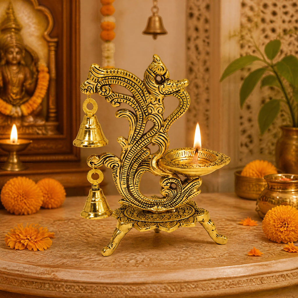 Handcrafted Brass Peacock Hanging Diya with Traditional Bells and Ornate Pedestal Stand (Polished Gold Finish) W-268-A