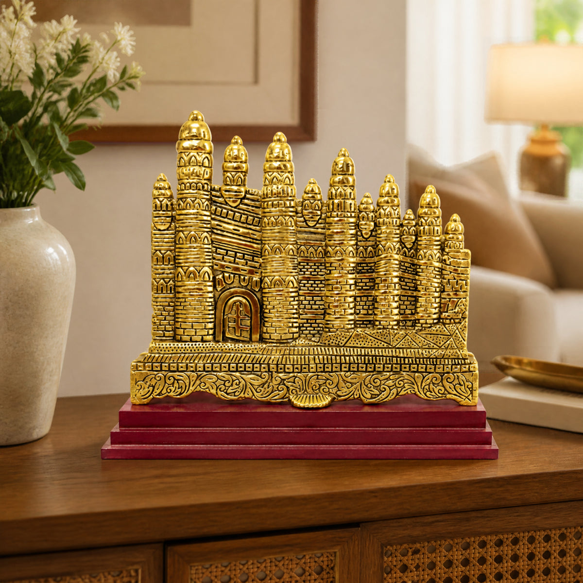 Premium Handcrafted Metal Gwalior Fort Model Statue with Multi-Tier Wooden Base W-85-F
