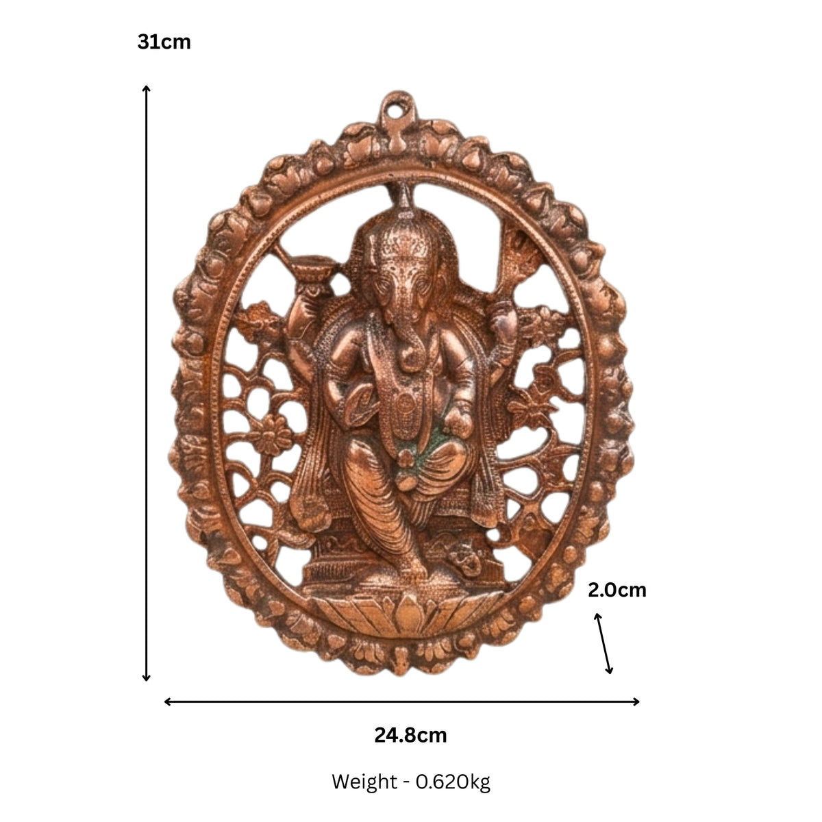 Handcrafted Lord Ganesha in Oval Tree of Life Openwork Frame Metal Wall Hanging Plaque (Antique Gunmetal Copper Finish) G-24-A