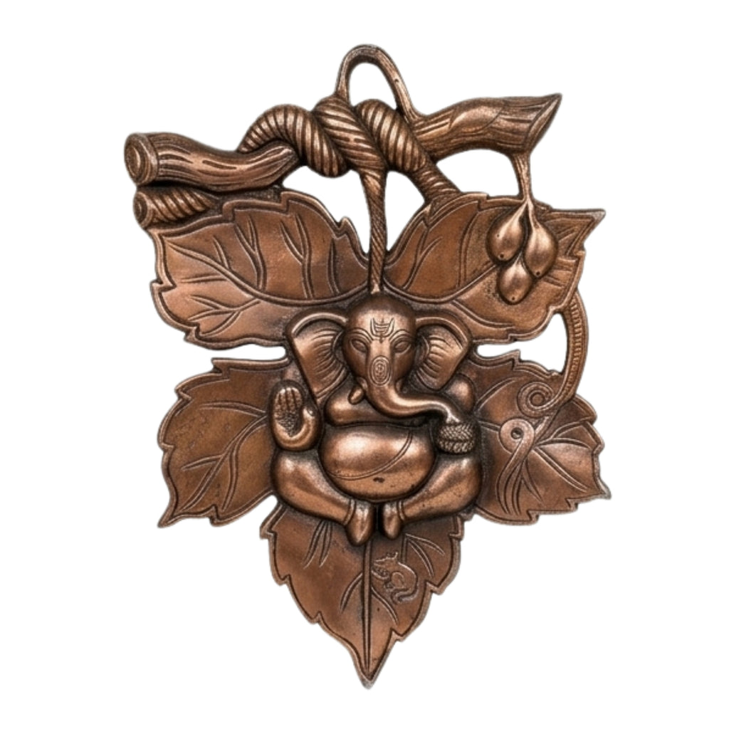 Handcrafted Baby Ganesha Seated on Betel Leaf Metal Wall Hanging Plaque (Antique Gunmetal Copper Finish) G-11-A