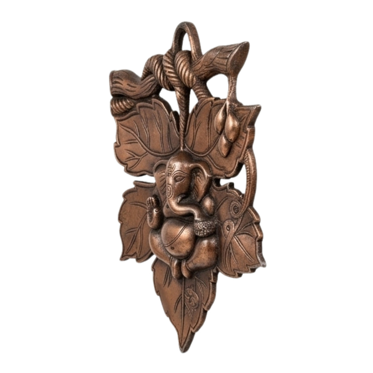 Handcrafted Baby Ganesha Seated on Betel Leaf Metal Wall Hanging Plaque (Antique Gunmetal Copper Finish) G-11-A