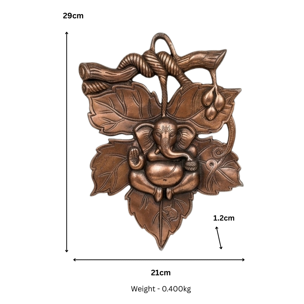 Handcrafted Baby Ganesha Seated on Betel Leaf Metal Wall Hanging Plaque (Antique Gunmetal Copper Finish) G-11-A