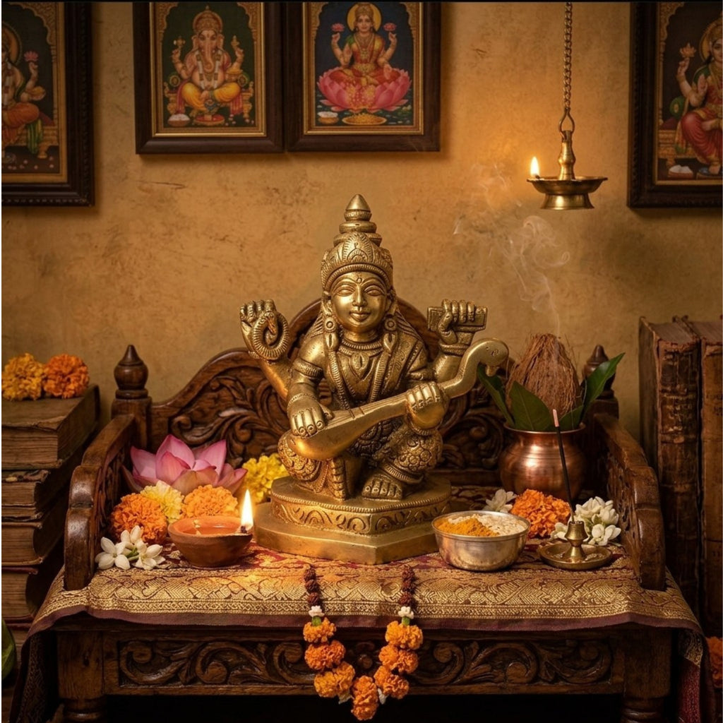 Handcrafted Brass Goddess Saraswati Idol – Traditional Seated Saraswati Maa Statue with Veena for Education, Art & Pooja Decor BR-381-A