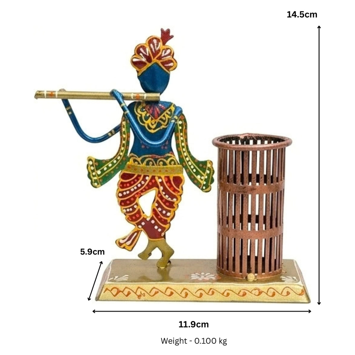 Handcrafted Lord Krishna Metal Pen Stand & Spiritual Desk Organizer I-208-A