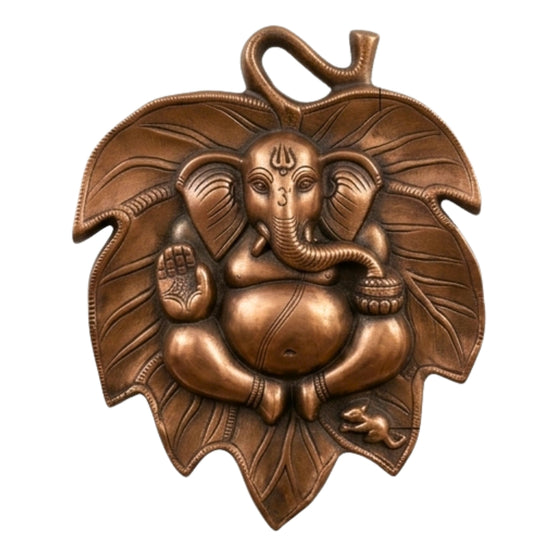 Divine Ganesha Leaf Metal Wall Decor in Gunmetal Copper Finish G-147-A