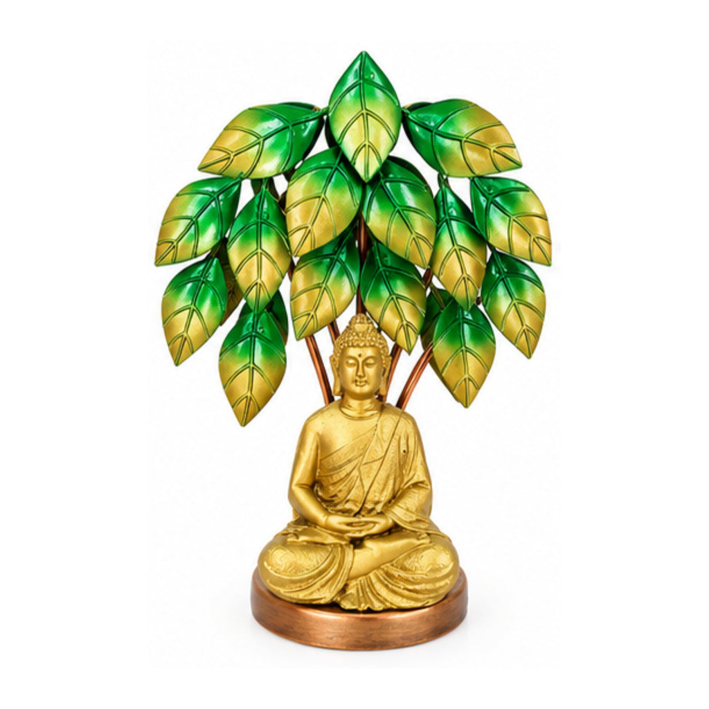 Handcrafted Meditating Lord Buddha Statue Under Bodhi Tree Decorative Showpiece (Antique Gold & Green Finish) I-429-A
