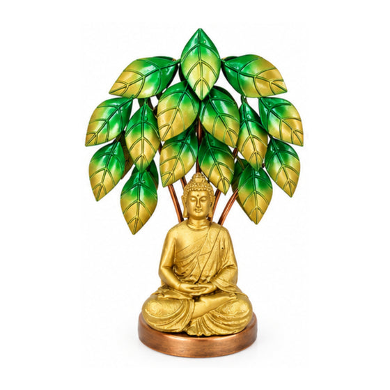 Handcrafted Meditating Lord Buddha Statue Under Bodhi Tree Decorative Showpiece (Antique Gold & Green Finish) I-429-A