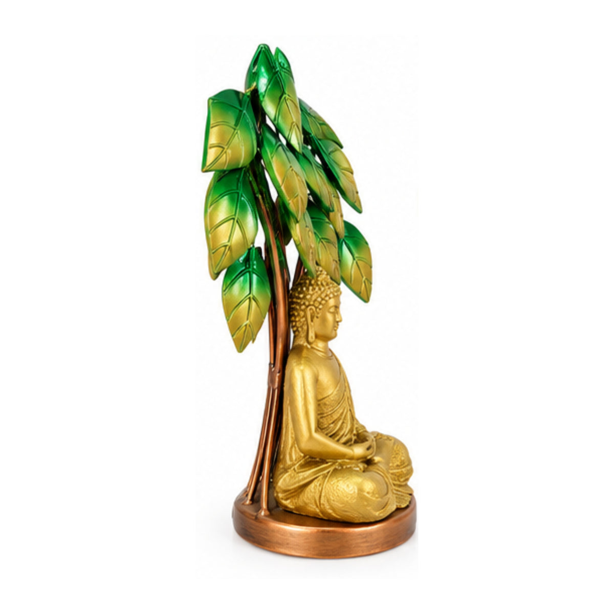 Handcrafted Meditating Lord Buddha Statue Under Bodhi Tree Decorative Showpiece (Antique Gold & Green Finish) I-429-A