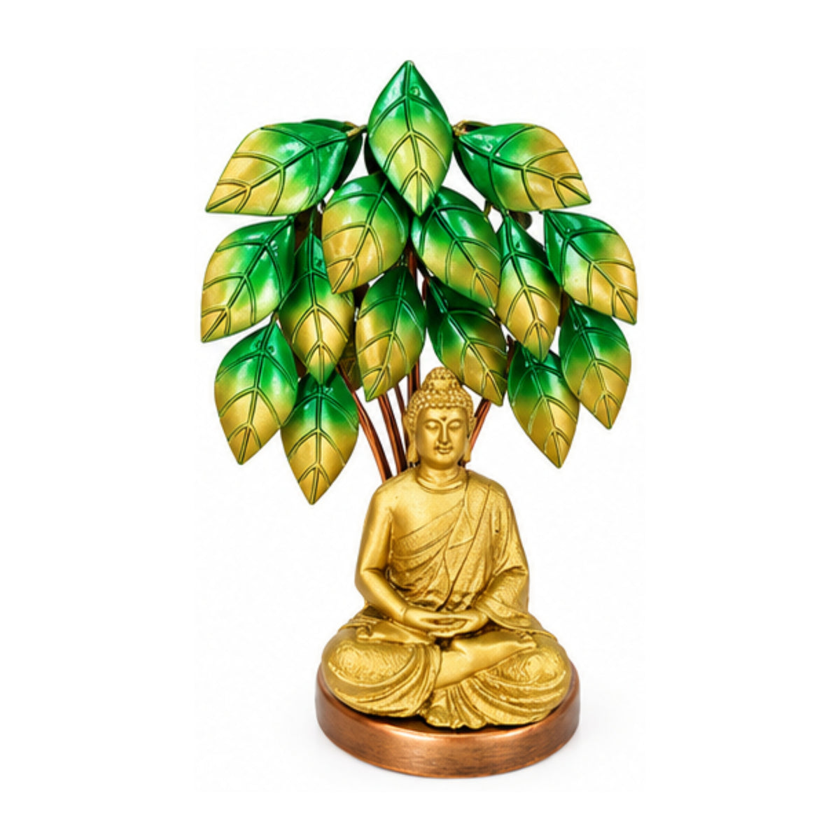 Handcrafted Meditating Lord Buddha Statue Under Bodhi Tree Decorative Showpiece (Antique Gold & Green Finish) I-429-A