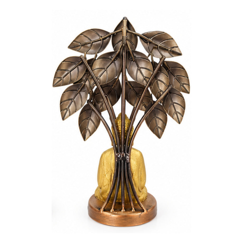 Handcrafted Meditating Lord Buddha Statue Under Bodhi Tree Decorative Showpiece (Antique Gold & Green Finish) I-429-A