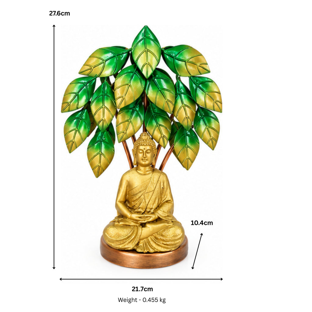 Handcrafted Meditating Lord Buddha Statue Under Bodhi Tree Decorative Showpiece (Antique Gold & Green Finish) I-429-A
