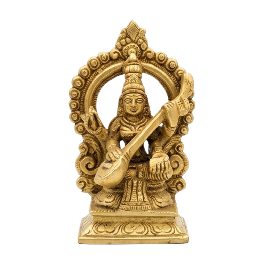 Handcrafted Brass Goddess Saraswati Statue with Prabhavali – Traditional Seated Saraswati Maa Idol with Veena for Temple & Home Decor BR-378-A