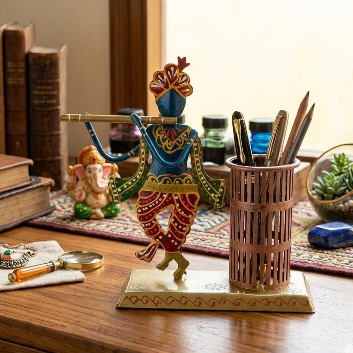 Handcrafted Lord Krishna Metal Pen Stand & Spiritual Desk Organizer I-208-A