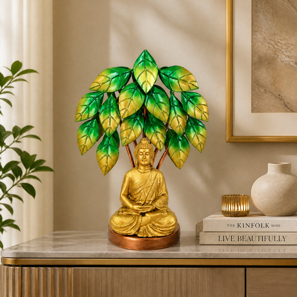 Handcrafted Meditating Lord Buddha Statue Under Bodhi Tree Decorative Showpiece (Antique Gold & Green Finish) I-429-A