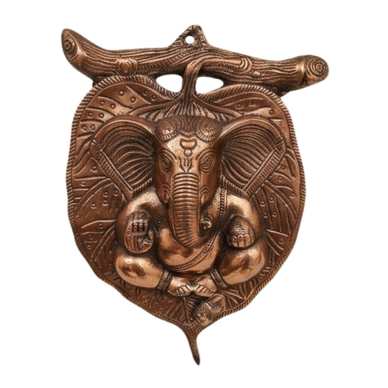 Divine Ganesha on Leaf Metal Wall Art in Gunmetal Copper Patina G-7-A