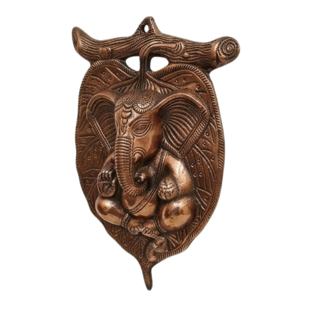Divine Ganesha on Leaf Metal Wall Art in Gunmetal Copper Patina G-7-A