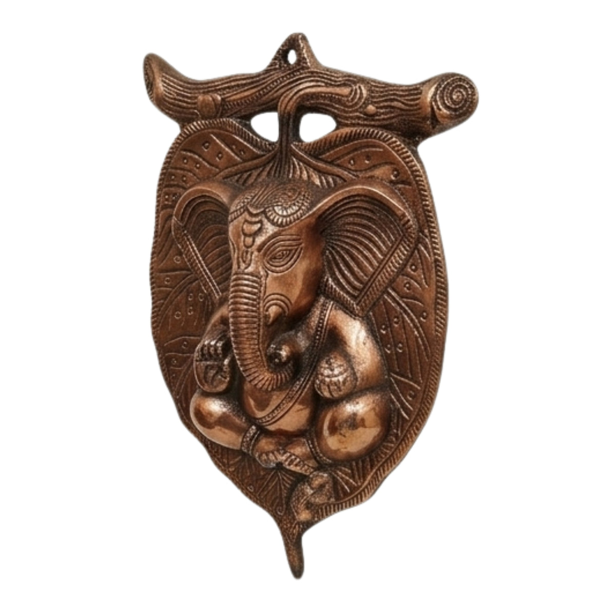 Divine Ganesha on Leaf Metal Wall Art in Gunmetal Copper Patina G-7-A