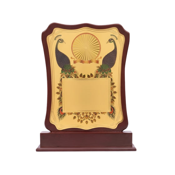 Royal Twin Peacock Traditional Gold Plaque Mahogany Wooden Memento M-353-A