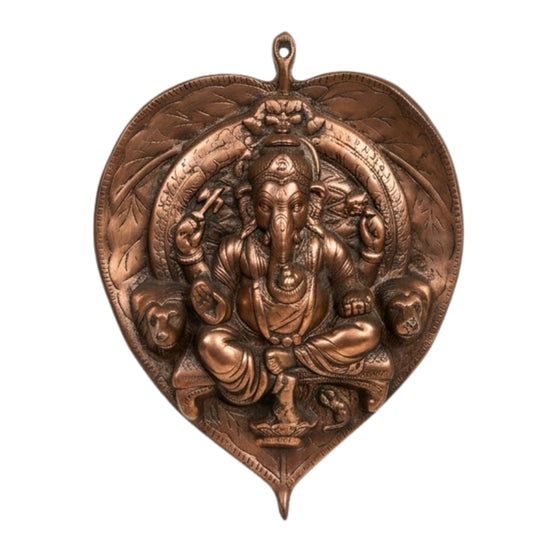 Divine Ganesha Throne on Leaf Metal Wall Art in Gunmetal Copper Patina G-6-A