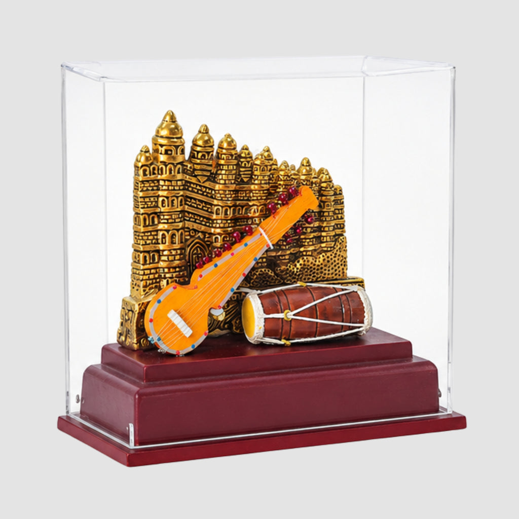 Handcrafted Indian Classical Music & Heritage Souvenir Display Case | Featuring Gwalior Fort & Miniature Folk Instruments (Ektara/Dotara & Dholak) GC-W-169-C
