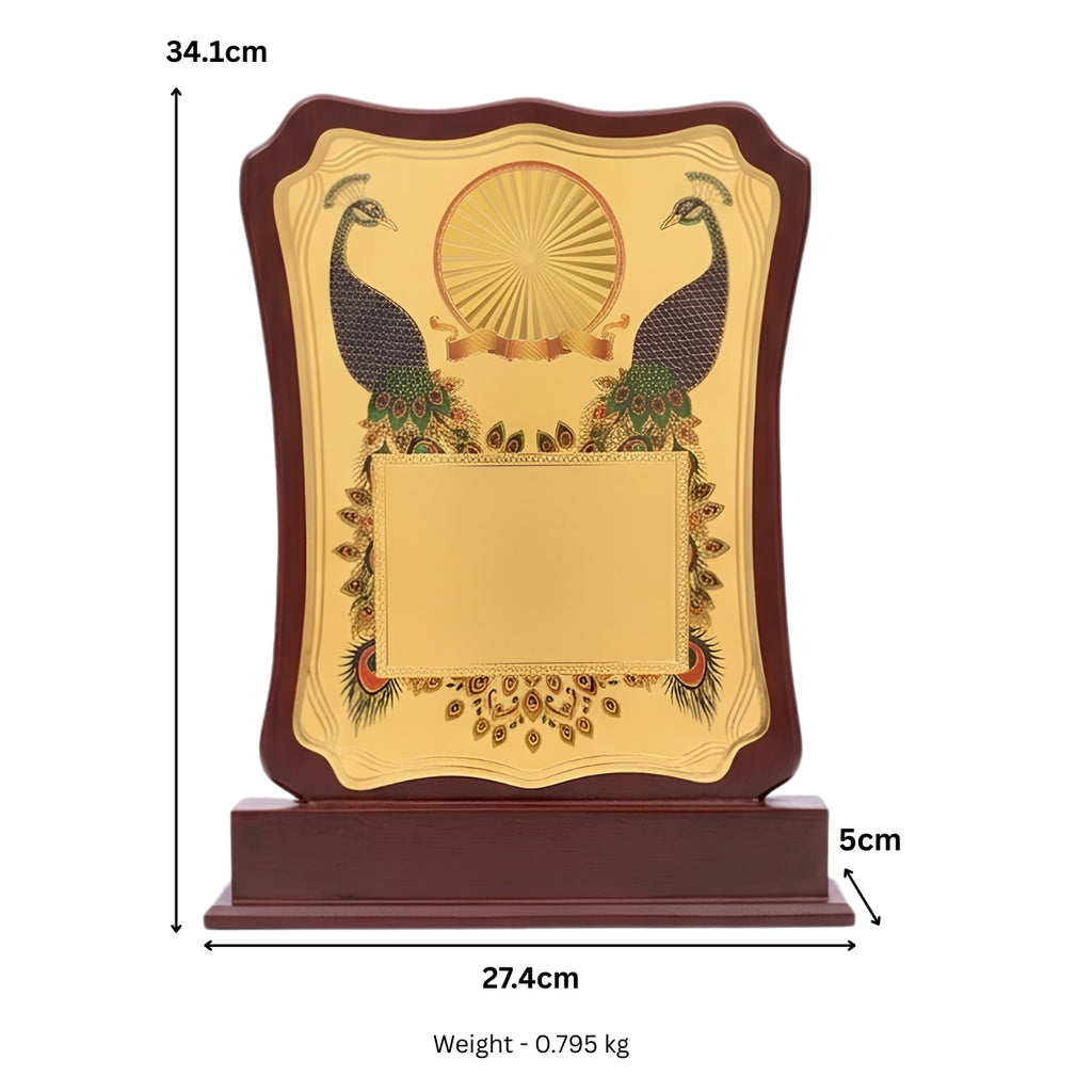 Royal Twin Peacock Traditional Gold Plaque Mahogany Wooden Memento M-353-A