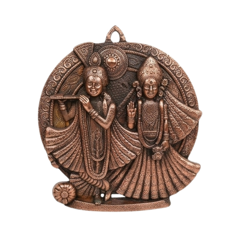 Gunmetal Copper Finish Round Radha Krishna Metallic Wall Hanging Art Piece G-275-A