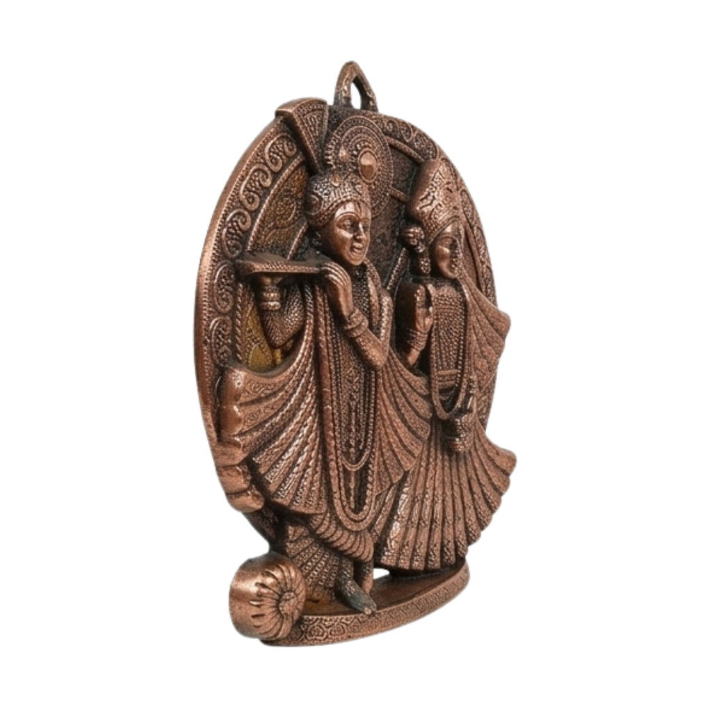 Gunmetal Copper Finish Round Radha Krishna Metallic Wall Hanging Art Piece G-275-A