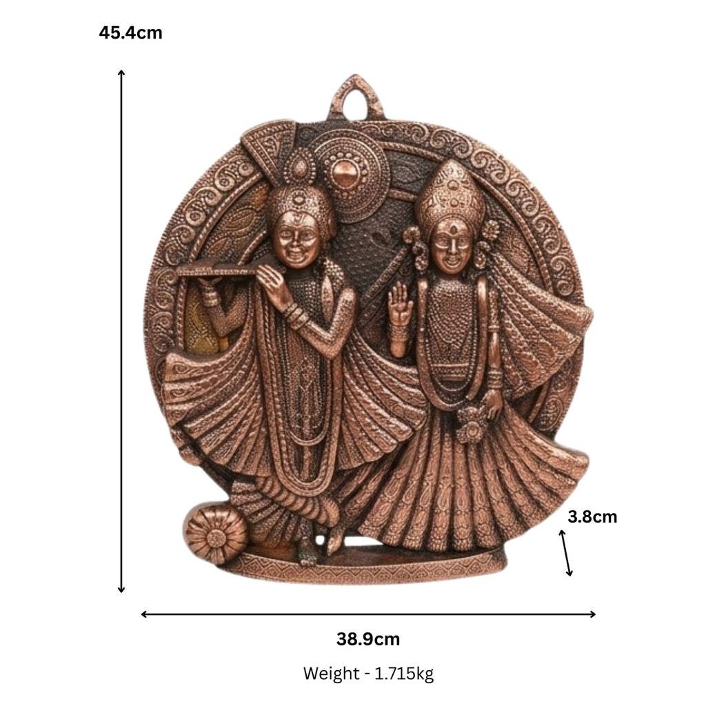 Gunmetal Copper Finish Round Radha Krishna Metallic Wall Hanging Art Piece G-275-A
